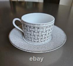 Service à thé Hermes Art Déco en mosaïque argent/gris 2 x tasses + soucoupes, boîte, complet