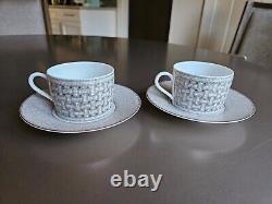 Service à thé Hermes Art Déco en mosaïque argent/gris 2 x tasses + soucoupes, boîte, complet