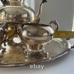 Service à thé argenté vintage de la fin des années 1800, 4 pièces avec plateau de service.