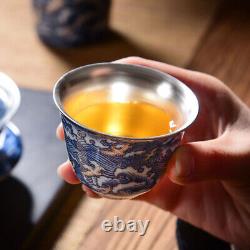 Service à thé complet - Théière en argent pur avec poignée, Gaiwan en porcelaine et tasse assortie