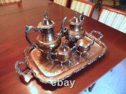 Service à thé en argent Oneida Silverplate, ensemble antique de 2 pots, sucrier, crémier et plateau