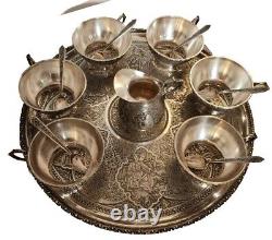 Service à thé en argent antique persan Isfahan 84 avec plateau cuillères signé