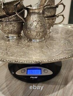 Service à thé en argent antique persan Isfahan 84 avec plateau cuillères signé