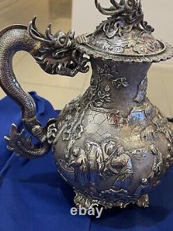 Service à thé en argent chinois antique des années 1870 Wang Hing Magnifiques Dragons Non-Scrap