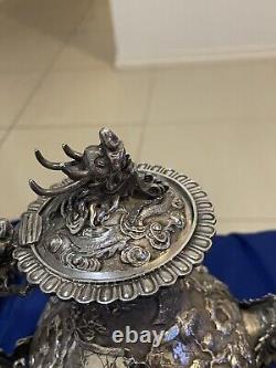 Service à thé en argent chinois antique des années 1870 Wang Hing Magnifiques Dragons Non-Scrap