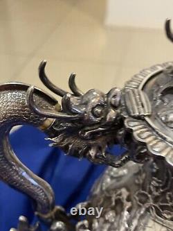 Service à thé en argent chinois antique des années 1870 Wang Hing Magnifiques Dragons Non-Scrap