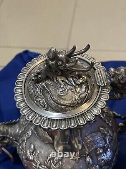 Service à thé en argent chinois antique des années 1870 Wang Hing Magnifiques Dragons Non-Scrap