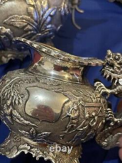 Service à thé en argent chinois antique des années 1870 Wang Hing Magnifiques Dragons Non-Scrap