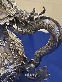 Service à thé en argent chinois antique des années 1870 Wang Hing Magnifiques Dragons Non-Scrap