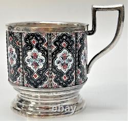 Service à thé en argent émaillé persan ancien 84 avec plateau