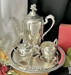 Service à thé en argent plaqué Vintage Eton et plateau 4 pièces