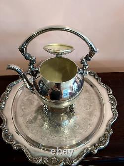 Service à thé en argent plaqué vintage - Théière, sucrier, crémier et plateau rond