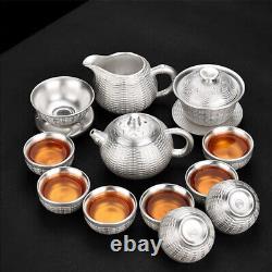 Service à thé en argent pur 999 en argent sterling avec théière en argent pur, gaiwan et tasses en porcelaine.