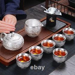 Service à thé en argent pur à 999, théière faite main, tasse à thé en argent sterling avec relief de dragon