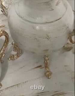 Service à thé en argent vintage blanc shabby chic doré vieilli créé par un artiste