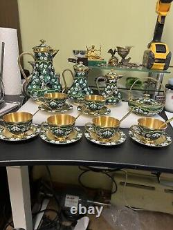 Service à thé en émail cloisonné argenté russe pour 6 personnes, 22 pièces en argent sterling 916