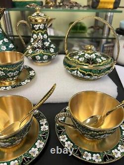 Service à thé en émail cloisonné argenté russe pour 6 personnes, 22 pièces en argent sterling 916