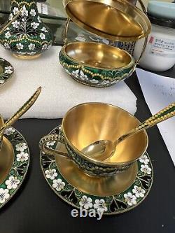 Service à thé en émail cloisonné argenté russe pour 6 personnes, 22 pièces en argent sterling 916