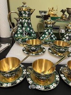 Service à thé en émail cloisonné argenté russe pour 6 personnes, 22 pièces en argent sterling 916