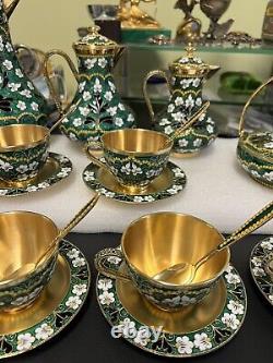 Service à thé en émail cloisonné argenté russe pour 6 personnes, 22 pièces en argent sterling 916