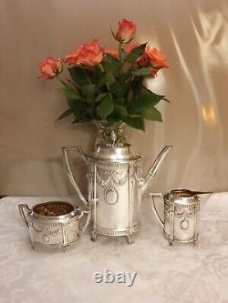 Service à thé et café de style Empire: Bouilloire, crémier, sucrier en argent N.