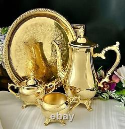 Service à thé plaqué or 24 carats avec plateau de International Silver, ensemble de 4 pièces