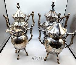 Service à thé vintage WILCOX Silverplate Co avec 4 cafetières gravées à feuilles d'érable et pot à lait