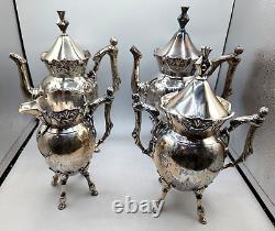 Service à thé vintage WILCOX Silverplate Co avec 4 cafetières gravées à feuilles d'érable et pot à lait