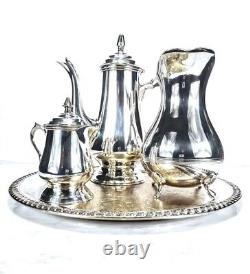 Service complet de café et thé en argent de William Adam, style vintage, comprenant un plateau, une théière, une crémalière et un pichet.
