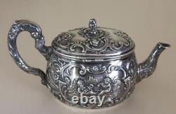 Service de thé en argent massif antique - théière, sucrier, pot à lait