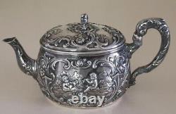 Service de thé en argent massif antique - théière, sucrier, pot à lait