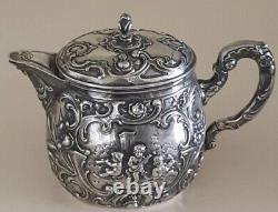 Service de thé en argent massif antique - théière, sucrier, pot à lait