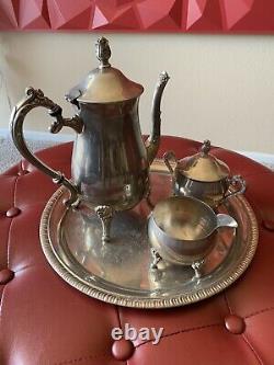 Service de théière à café en argent plaqué vintage de 5 pièces avec plateau, crème et sucrier