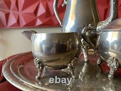 Service de théière à café en argent plaqué vintage de 5 pièces avec plateau, crème et sucrier