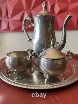 Service de théière à café en argent plaqué vintage de 5 pièces avec plateau, crème et sucrier