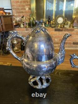 Service de théière et café en argent plaqué vintage antique, ensemble de 5 pièces, base en forme de tronc d'arbre aux glands