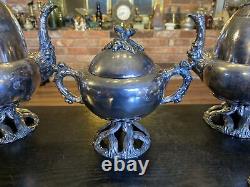 Service de théière et café en argent plaqué vintage antique, ensemble de 5 pièces, base en forme de tronc d'arbre aux glands