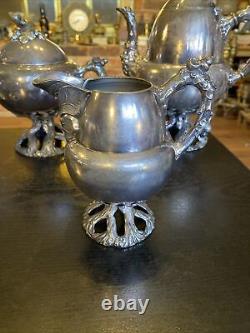 Service de théière et café en argent plaqué vintage antique, ensemble de 5 pièces, base en forme de tronc d'arbre aux glands