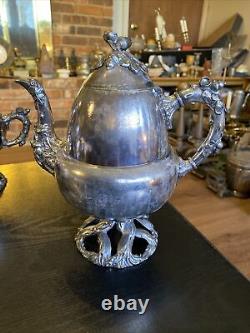 Service de théière et café en argent plaqué vintage antique, ensemble de 5 pièces, base en forme de tronc d'arbre aux glands