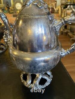 Service de théière et café en argent plaqué vintage antique, ensemble de 5 pièces, base en forme de tronc d'arbre aux glands