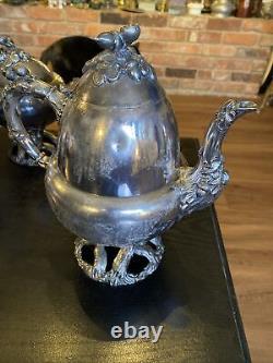 Service de théière et café en argent plaqué vintage antique, ensemble de 5 pièces, base en forme de tronc d'arbre aux glands