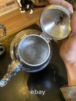 Service de théière et café en argent plaqué vintage antique, ensemble de 5 pièces, base en forme de tronc d'arbre aux glands