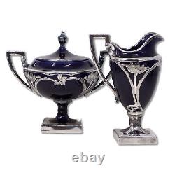 Set 9pc Lenox Art Nouveau Argent Superlay Cobalt Blue Porcelaine Tea Pot Cups 1906