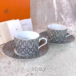 Tasse et soucoupe à thé Hermes Paris Fil d'Argent Platine 2 ensembles en porcelaine avec étui