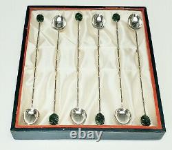 Vinage Wai Kee Chinese 900 Silver & Carved Jade Ice Tea Spoons -et De 6 Avec Boîte