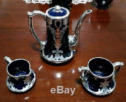 Vintage Antique 1909 Lenox 3pc Ensemble De Thé Cobalt Bleu Et Silver Overlay Art Nouveau