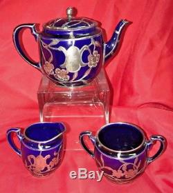 Vintage Lenox Cobalt Blue Et Sterling Argent Complet 3 Pièces Tea Set