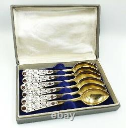 Vintage Russe 875 Argent Émail Tea Spoons Set In Box Urss 1971