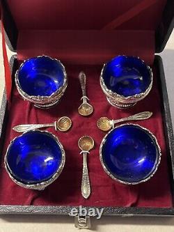 Vintage (argent Sterling) 1950s Ensemble De Thé Japonais 4x Cobalt Blue Glass 4x Spoons