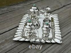 Vtg Mexico Sterling Silver & Turquoise Miniature Dollhouse 7 Pc Tea Set Withtray